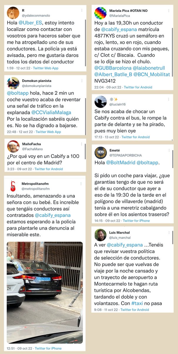 1.339 ESPECIAL CONDUCTORES <a href="/consumogob/">Secretaría General de Consumo y Juego</a> <a href="/fiscal_es/">Fiscalía General</a> <a href="/DefensorPuebloE/">Defensor del Pueblo</a> @facua <a href="/consumorg/">Consumidores Org</a> <a href="/CECUconsumo/">CECU</a> <a href="/ADICAE/">ADICAE</a> <a href="/consumidores/">OCU</a> <a href="/eccspain/">Centro Europeo del Consumidor en España</a> 

ATROPELLOS

CHOQUES

A 100 por ciudad

Viajar en PICADEROS

AMENAZAS

VOLANTAZOS

#EstafaCabifyUber #Cabify #Uber #Bolt