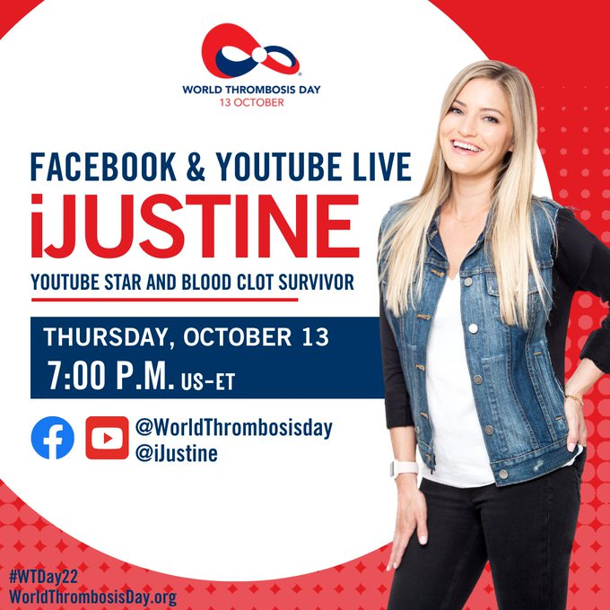 Join @thrombosisday on Facebook at 7:00 U.S.-E.T. for their Facebook Live featuring blood clot survivor @iJustine and medical expert @Connors_MD about Justine's #thrombosis journey. Watch live at facebook.com/events/6666412….