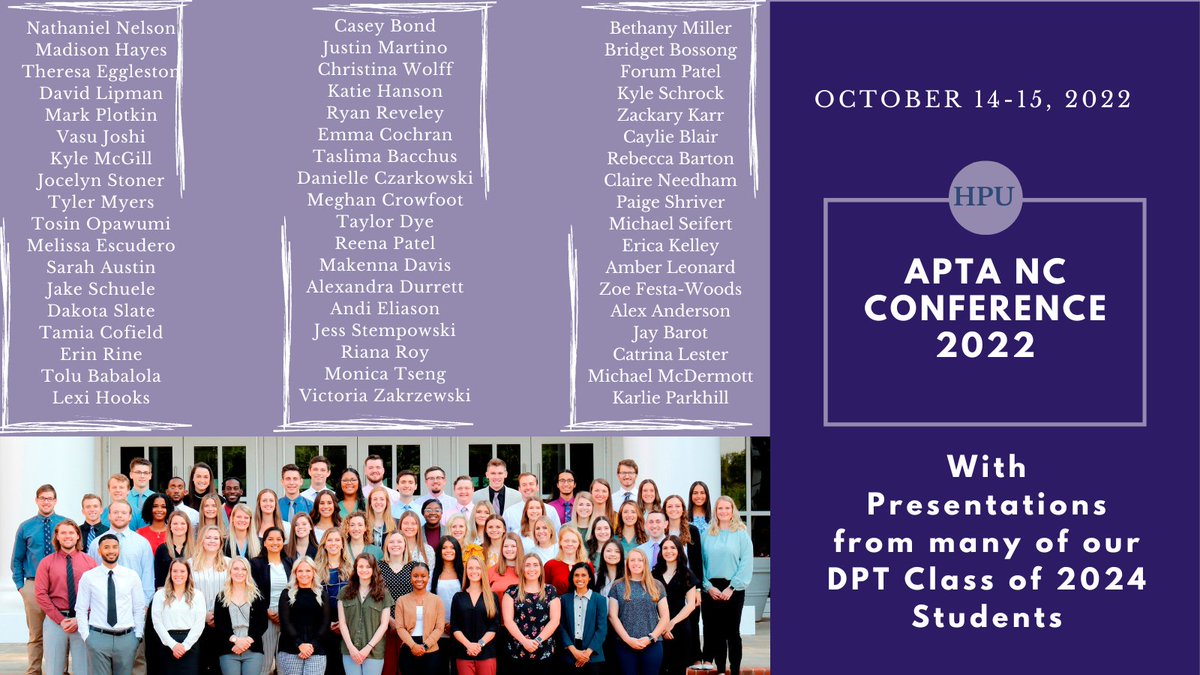 Can't forget our HPU💜DPT students!  Our students have various research opportunities while attending DPT school!  Be sure to ☑️out their posters Friday &amp; Saturday! <a href="/APTAofNC/">APTAofNC</a> 

#dptstudent #ptstudent #dptschool #ptschool #choosept