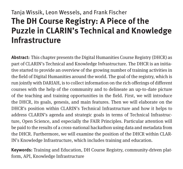 Feat. our article on the '#DigitalHumanities Course Registry' run by @CLARINERIC & @DARIAHeu (dhcr.clarin-dariah.eu). – Shoutout to my esteemed co-authors Tanja Wissik (@ACDH_OeAW) & Leon Wessels (@UniUtrecht)! 👋 doi.org/10.1515/978311…