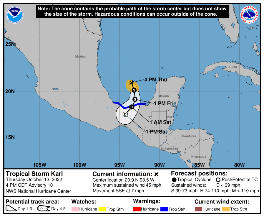 spcver's tweet photo. 4pm. Tormenta tropical #Karl con poco cambio en sus vientos máximos sostenidos, se esperan lluvias  importantes en siguientes días sobre el SE de México. 

*Centro: 315 km al NNE de Coatzacoalcos. 
*Vientos máximos sostenidos: 75 km/h.
*Desplazamiento: SSE a 11 Km/h. https://t.co/dsSOLFt3CT