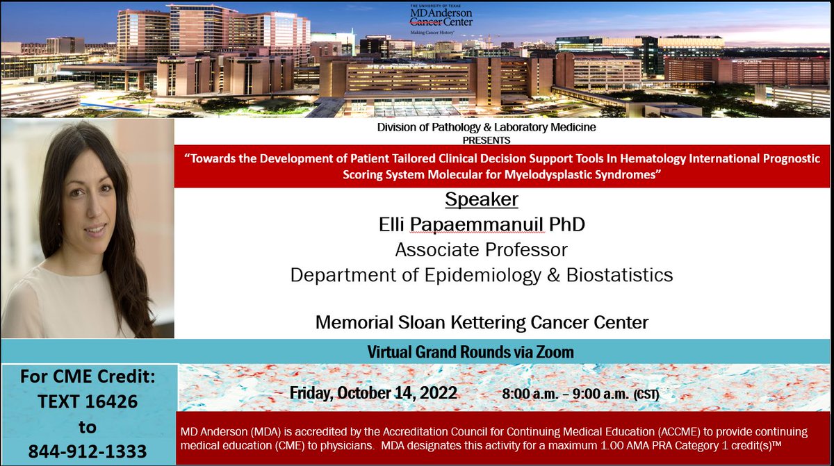 Excited and honored to host @PapaemmanuilLab for our @MDAndersonNews #pathology Grand Rounds tomorrow at 8 AM… #IPSSM 👸🏻 #mdssm #leusm #hemepath #molpath