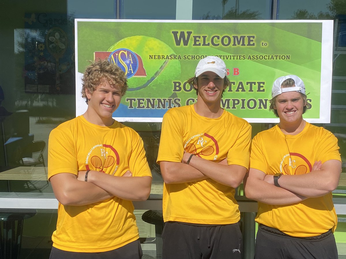 Our 3 players who made the second round of state: The 1 doubles team of Jack McHugh and @Ben_Carp14 and 1 singles @Benrhein07. Great job guys!