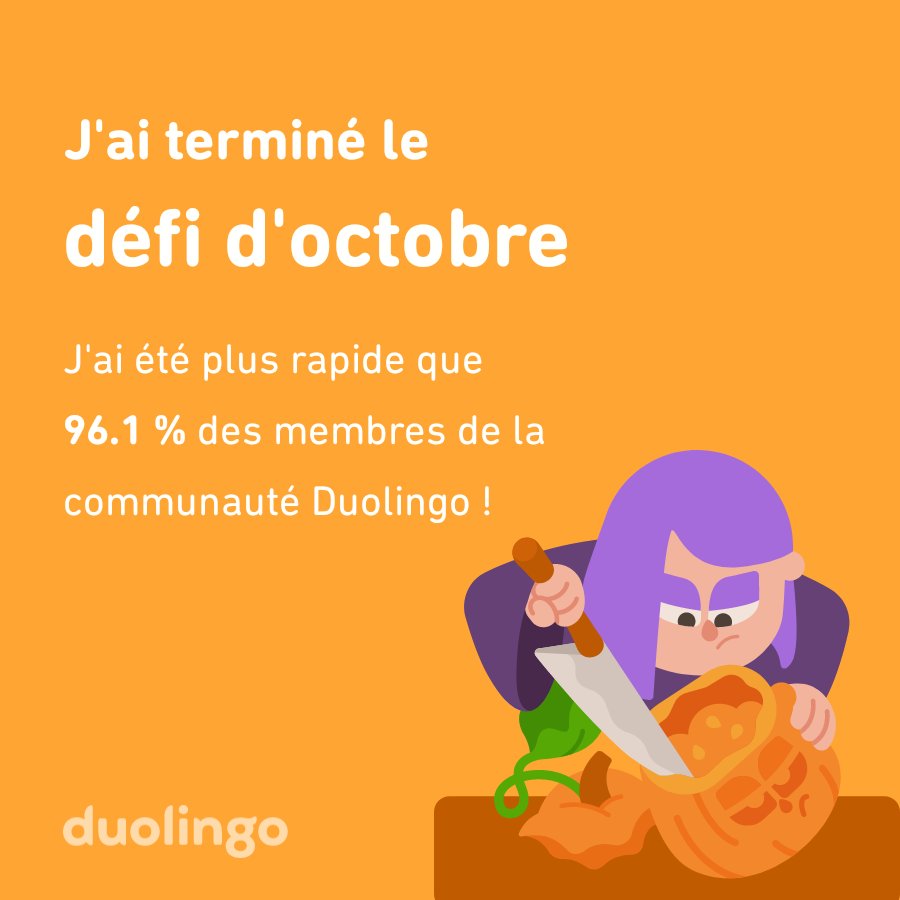ChristelleQuea1's tweet photo. J'ai terminé le défi d'octobre plus vite que 96.1 % des membres de la communauté Duolingo ! https://t.co/5LTtfDGyyz