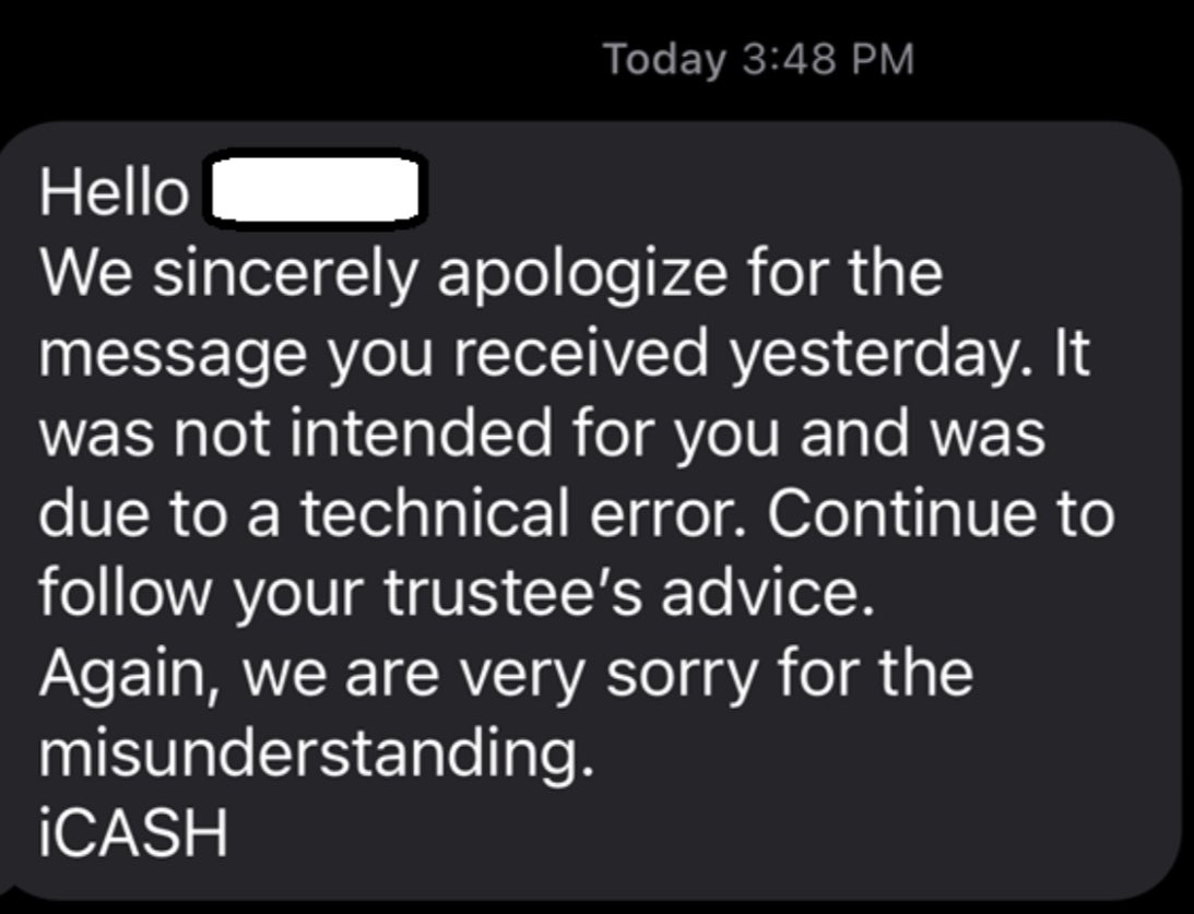 schaefercpa's tweet photo. @doughoyes UPDATE PART 2 - iCASH has now sent a correcting text message to fix their error of yesterday. https://t.co/BnZhxJIHoD