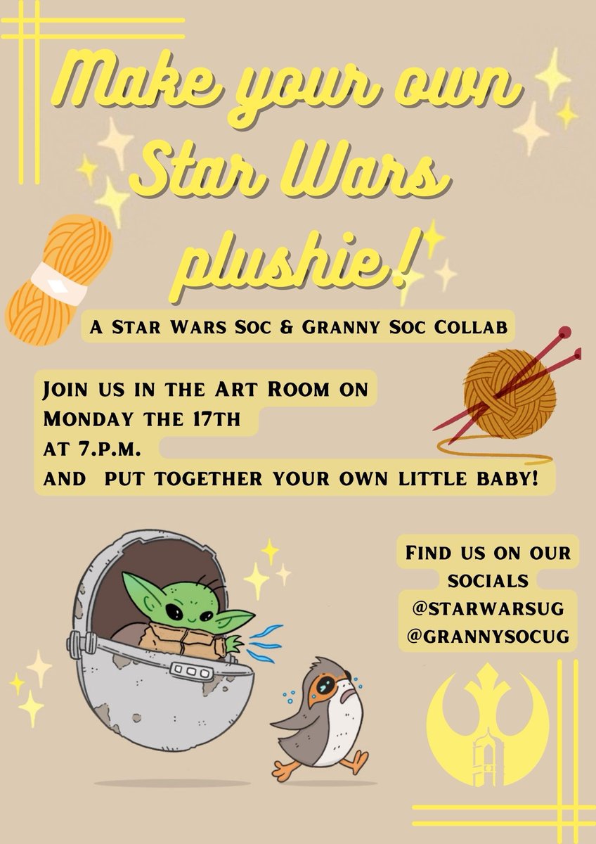 University of Galway Star Wars Society (@starwarsug) on Twitter photo Hello There! We will be holding a collab with <a href="/grannysocUG/">Granny Soc University of Galway</a> on Monday 17th of October at 7PM. Join us in the Art Room in Áras na Mac Léinn, where you can make your very own Porg or Grogu (aka Baby Yoda) plushie. Please note that numbers are limited to 25 people, so arrive early! Hello There! We will be holding a collab with <a href="/grannysocUG/">Granny Soc University of Galway</a> on Monday 17th of October at 7PM. Join us in the Art Room in Áras na Mac Léinn, where you can make your very own Porg or Grogu (aka Baby Yoda) plushie. Please note that numbers are limited to 25 people, so arrive early!
