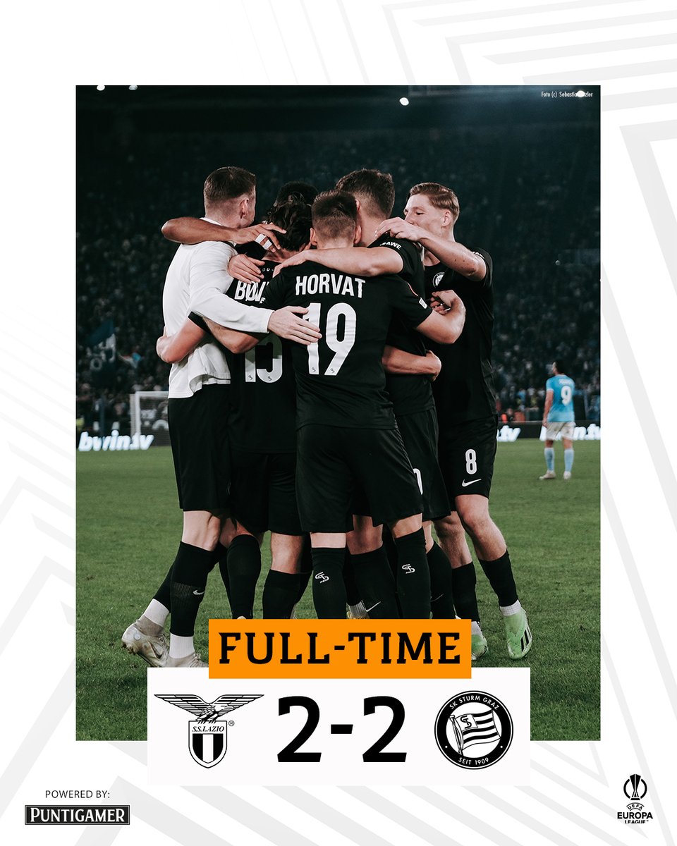 SKSturm's tweet photo. Wir holen in unserem 150. Europacupspiel einen verdienten Punkt bei Lazio Rom! 🤌 #sturmgraz #UEL #LAZSTU
______________ 
LAZ 2:2 STU | ⏱️ 90+3' https://t.co/XkUSmcFfBA