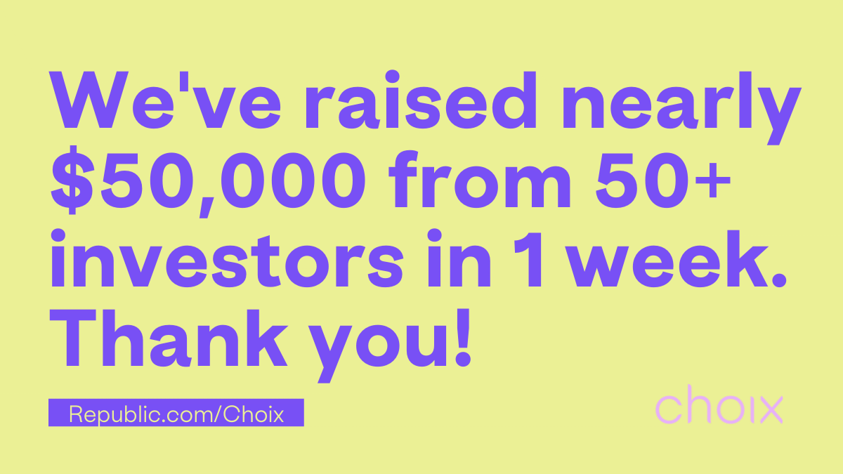 ChoixHealth's tweet photo. Last week we opened investment in Choix to anyone who wants to support the expansion of access to abortion care &amp; we're off to a strong start! Join us over at https://t.co/k1sFwGFvea to learn more about our future plans and how to invest. We appreciate your support! https://t.co/2fvlwDeYjR