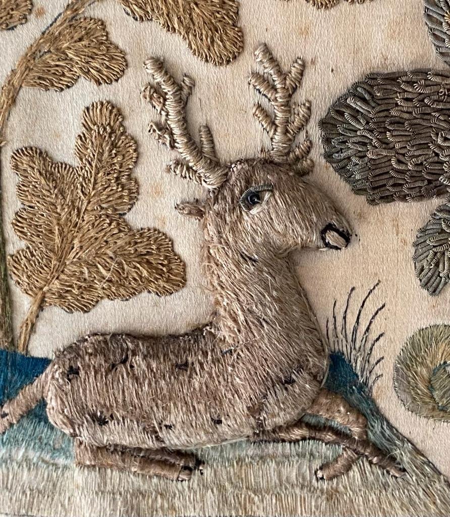 Witney_Antiques's tweet photo. Carrying on our theme of 17th-century embroidery details, here is a charming stag. This stag and the unicorn we posted yesterday are a pair, stitched on the same piece of needlework. The stag is done in raised work, its body and antlers slightly elevated from the silk ground https://t.co/i3rHKxn8eG