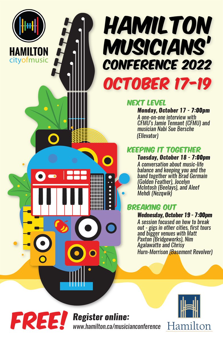 ✏️We’ve got three topics to assist musicians grow their careers &amp; businesses. The #HamOnt Musicians’ Conference online sessions: Oct 17-19. 
Gain insights; connect with the #HamOntMusic community &amp; learning something new during #smallbusinessweek Register: bit.ly/3rECETM