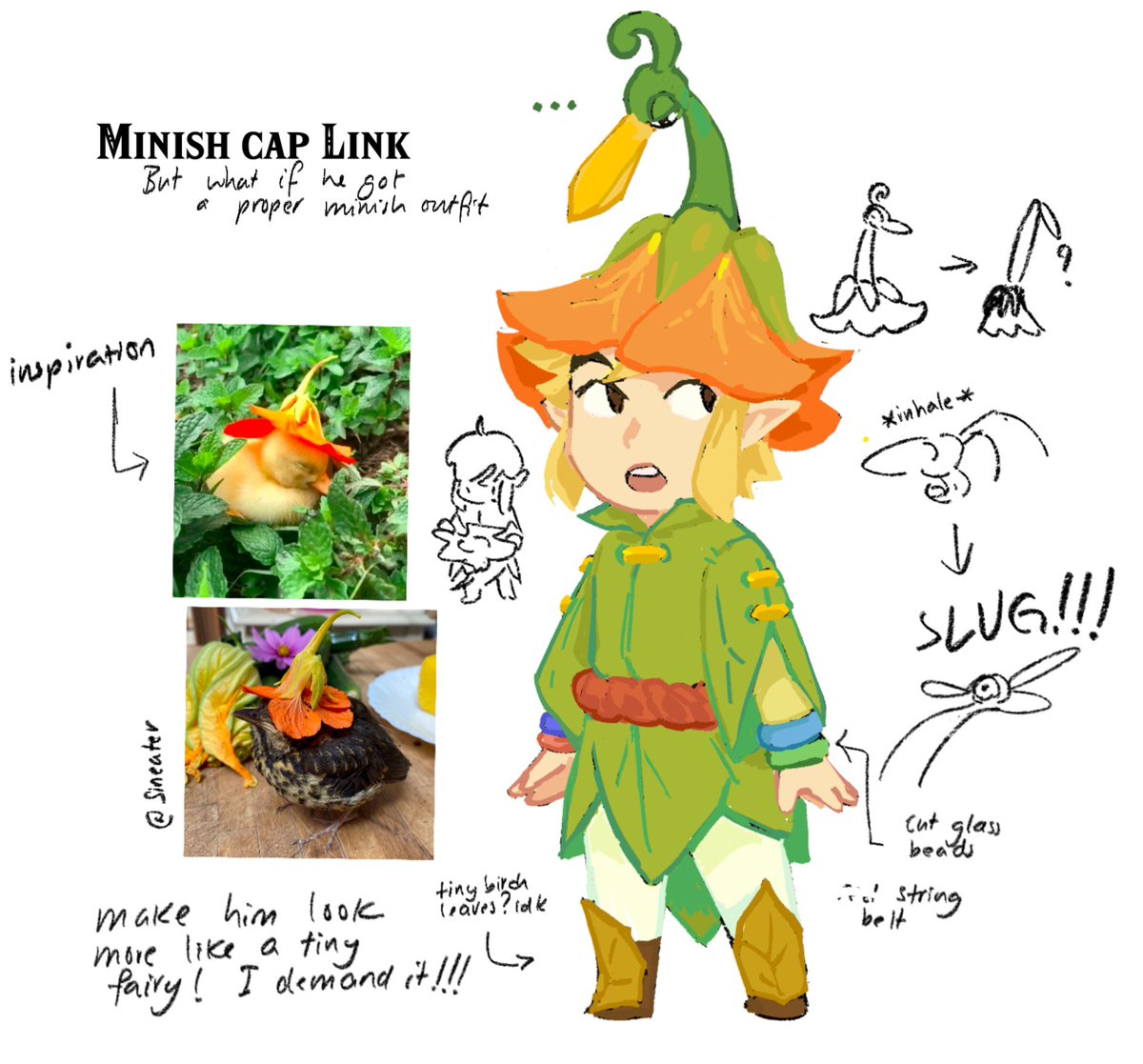 Minish cap Link redesign but more like what if he got a proper minish outfit. So I plonked a flower on his head, gave him a leaf coat and dumb leaf boots 