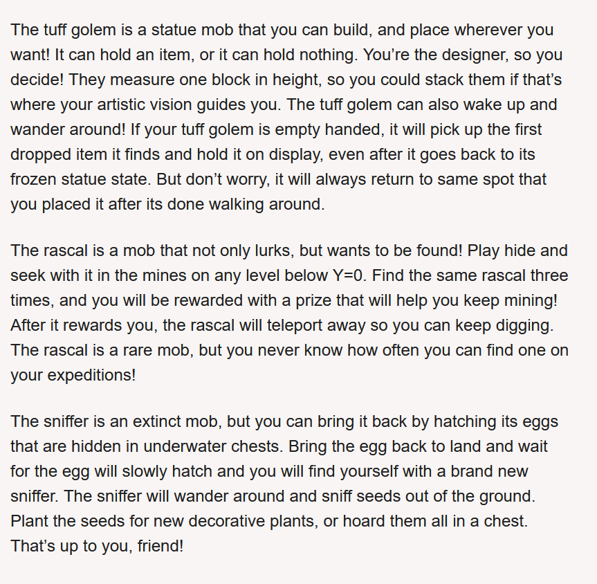 More info about the mob vote from the minecraft.net article. Presented this way the tuff golem also sounds more interesting, but I still don't think the rascal would be a good choice. I'm fine with sniffer or tuff golem.

minecraft.net/en-us/article/…