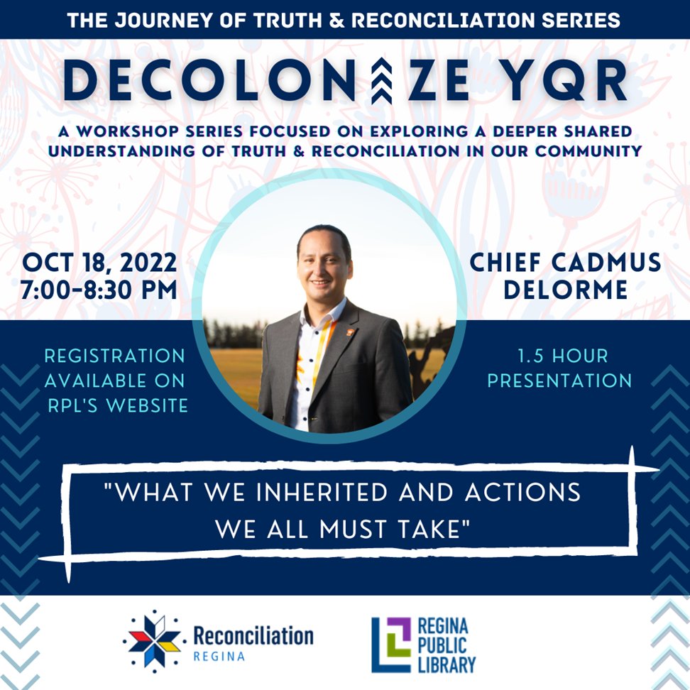MC_o_S's tweet photo. Join @OfficialRPL as they invite Chief Cadmus Delorme to provide a deeper understanding of truth and reconciliation and actions we all must take.

Register here: https://t.co/jaUH0fSBJh  

For more information on the Decolonize YQR workshop series visit: https://t.co/07UC2H3vFp https://t.co/1fxaYgJNbp