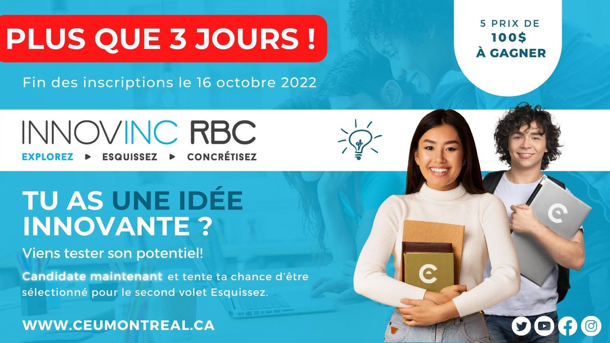 [Innovinc.RBC] 
⚠️Plus que 3 jours!
💡 INNOVINC. RBC - EXPLOREZ - Appel à candidatures
👇👇👇
Si vous avez une idée d'affaires et que vous voulez tester son potentiel :
ceumontreal.ca/nos-parcours/i…
#startups #innovation #umontreal
<a href="/UMontreal/">Université de Montréal</a>
