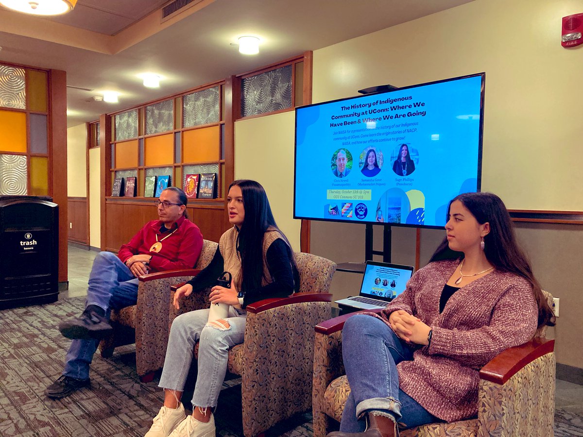 Packed house of students to listen to @Noodlz2020, Sage Phillips, and Sam Gove sharing their personal journeys to UConn, as well as their wisdom on the history, present, and future of Indigenous Peoples on this campus. #Indigenouspeoplesweek2022