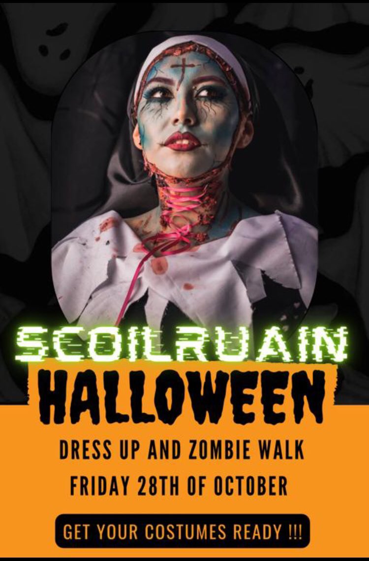 ScoilRuain's tweet photo. Save the date - Halloween Zombie walk is taking place on Friday 28th October at 11.25. Get your costumes out!! Be prepared or be scared!! 🧟‍♀️🧟🧟‍♂️@TipperaryETB @Tippmanjw #etbcommunity https://t.co/sXkzO8htrC