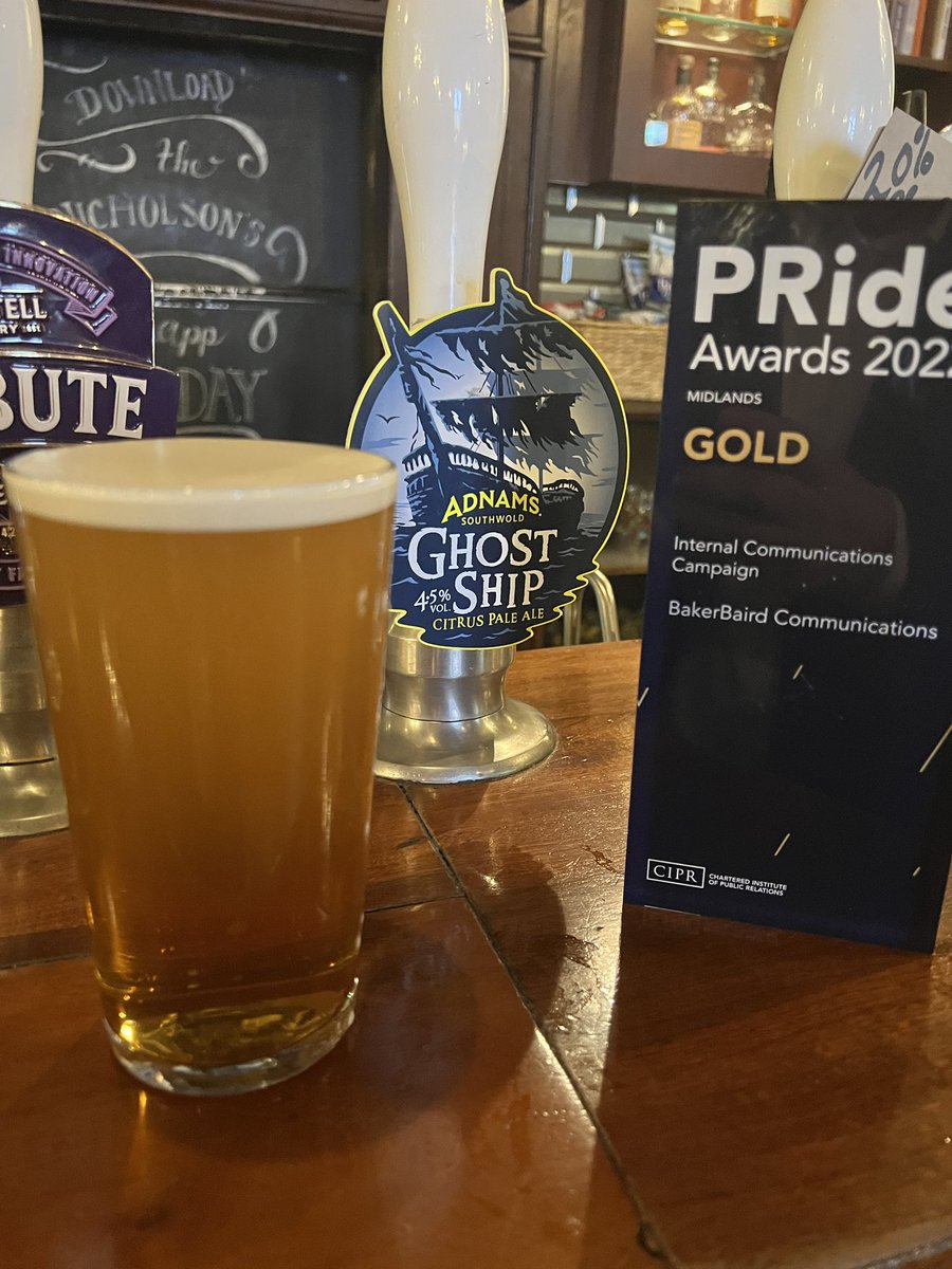 stuart_baird's tweet photo. Unexpected evening with daughter, get @CIPR_Awards #PRideMids Ghost Ship on tap. Winning. https://t.co/kQ8Hy4pyFf