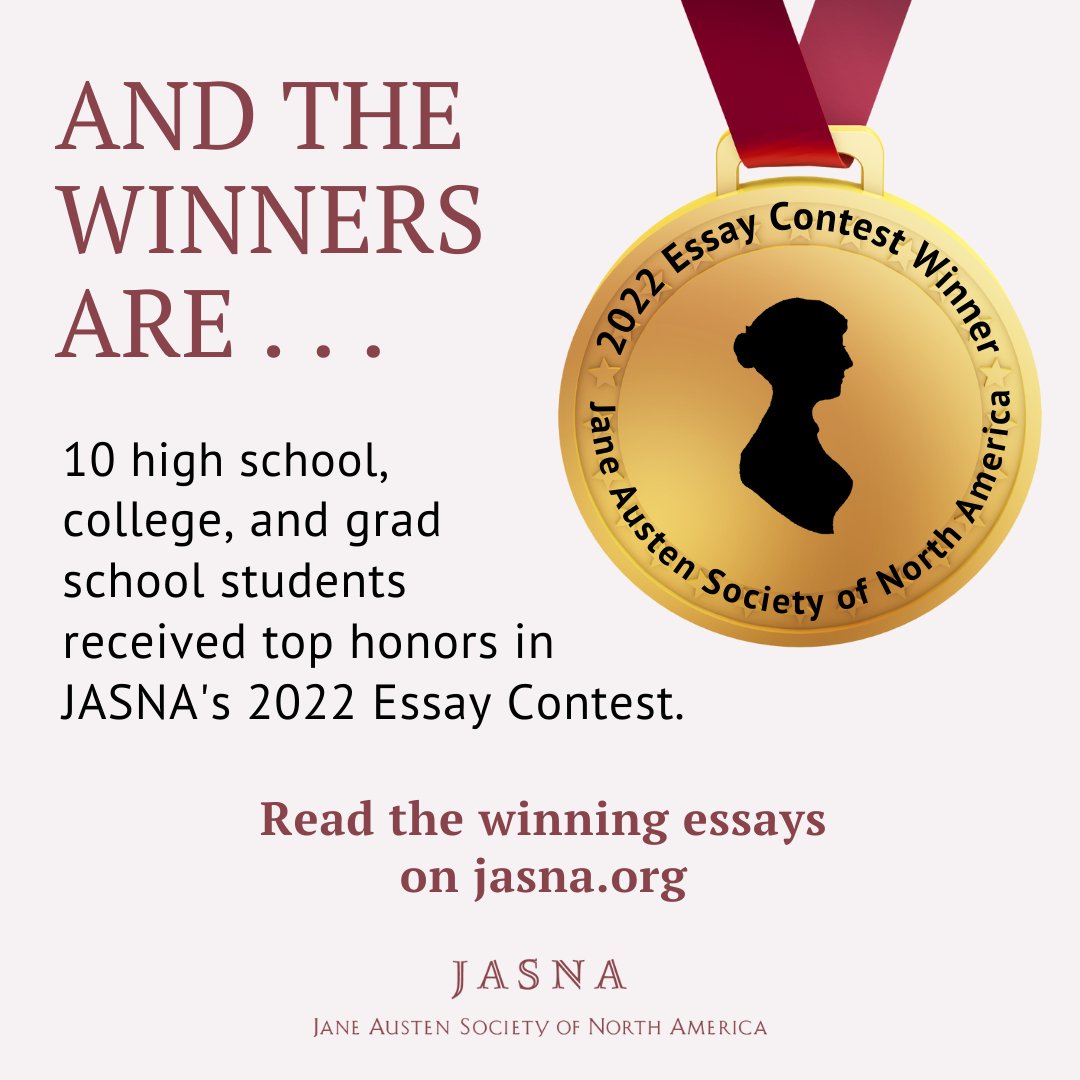 Congrats to the 2022 JASNA Essay Contest winners, and many thanks to all participants and judges! Read the outstanding essays, which focus on family relationships in SENSE &amp; SENSIBILITY, and learn more about this year's contest: ow.ly/Tk2W50L9A8y
 
#JaneAusten #EssayContest