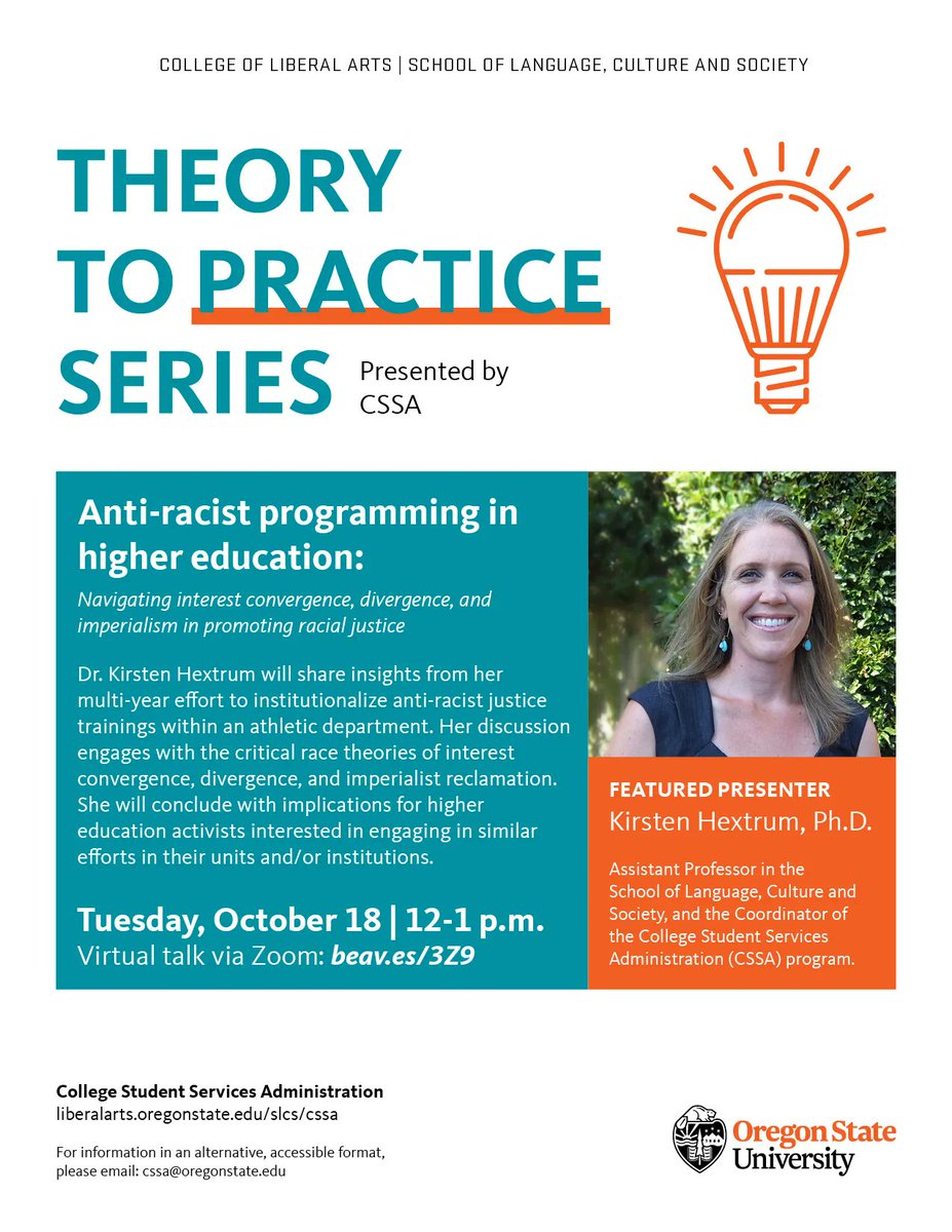 As part of the Theory to Practice Series, Dr. Kirsten Hextrum will share insights from her multi-year effort to institutionalize anti-racist justice trainings within an athletic department. Tuesday, Oct. 18 at noon. Zoom Link: beav.es/3Z9