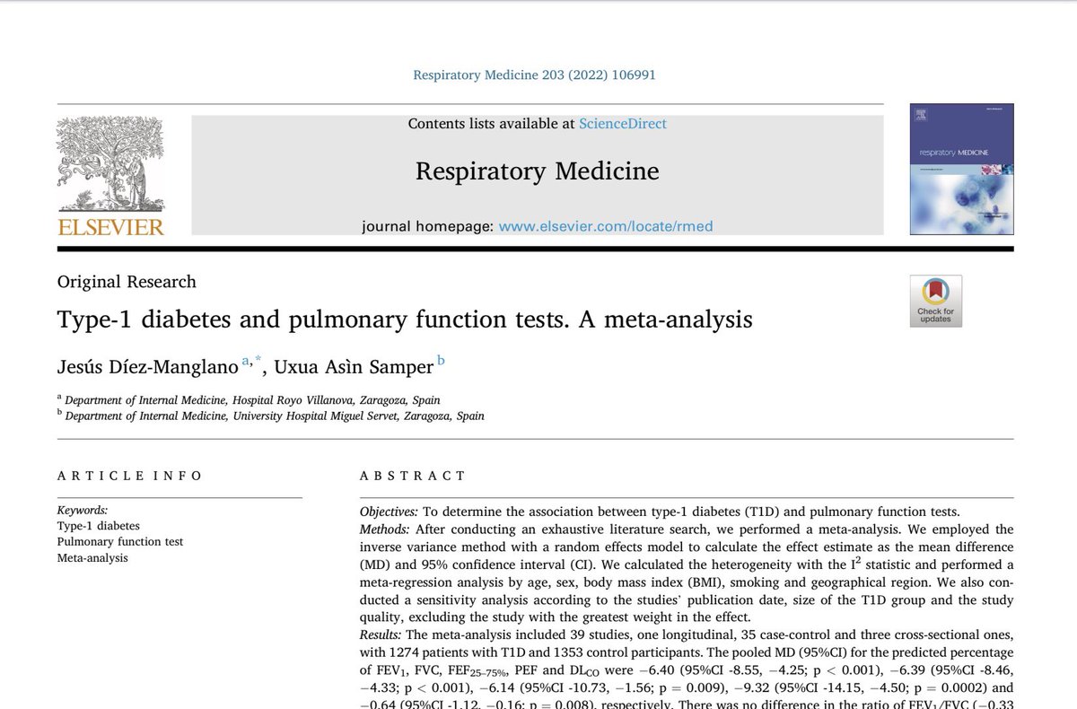 Las pruebas de función pulmonar están alteradas en la diabetes tipo 1 authors.elsevier.com/a/1fvJy3P3Quqr… No olvidemos el pulmón como órgano diana @Diabetes_SEMI @GT_Pluri_SEMI @semiepoc