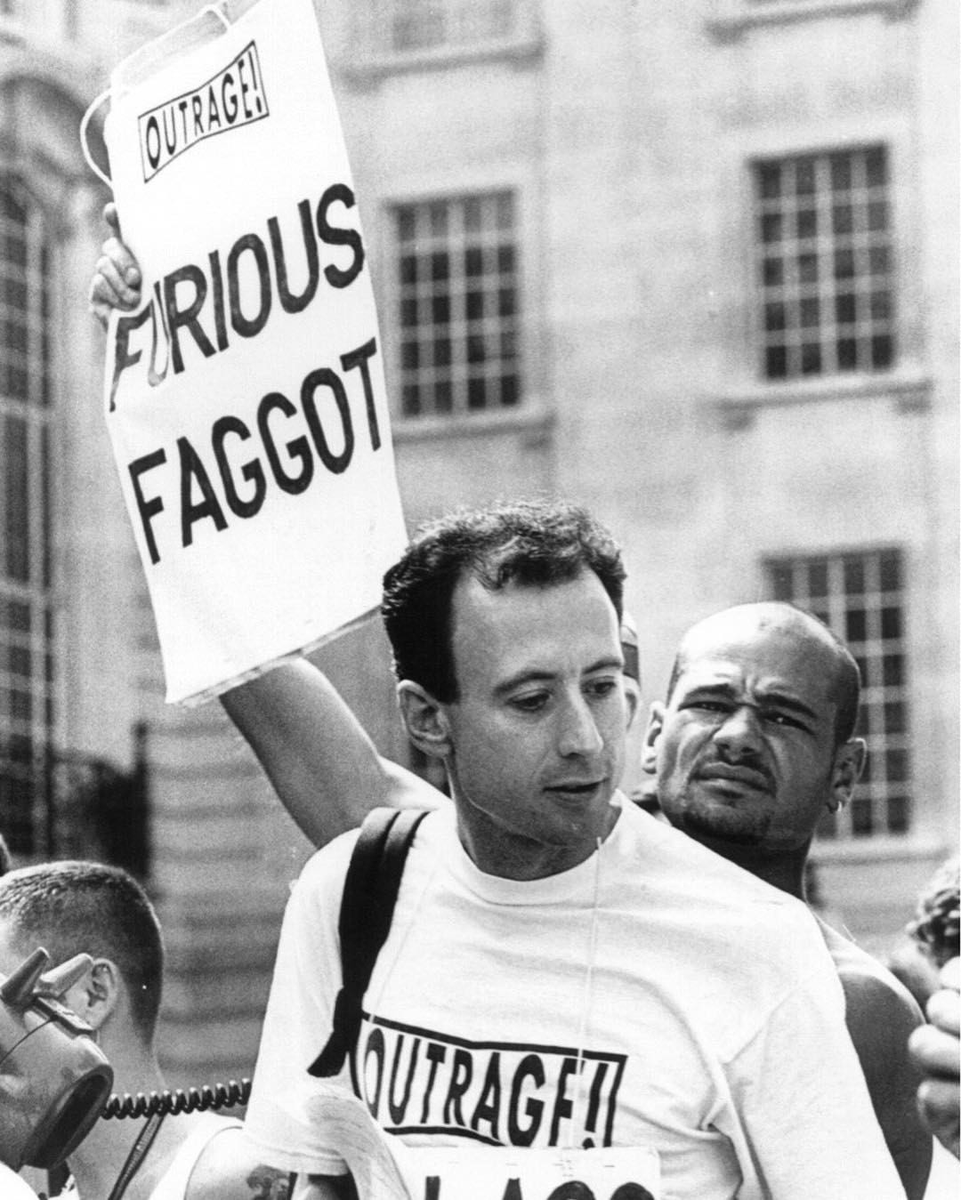 ArchivoPietro's tweet photo. “FURIOUS FAGGOT,” Peter Tatchell (front) and other members of OutRage!, London, United Kingdom, 1992. Photo c/o Peter Tatchell. #lgbthistory #HavePrideInHistory #PeterTatchell #Resist #Mood (at London, United Kingdom) https://t.co/v9BOvwlbvD
