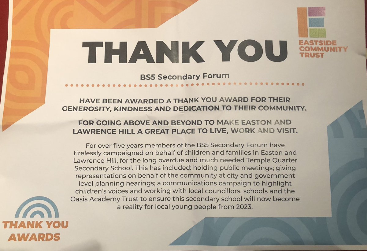 Delighted to receive an @upourstreet #ThankYouAward tonight for our ongoing community campaign to make the much needed (and long overdue)  <a href="/OATempleQuarter/">OasisTempleQuarter</a> secondary school a reality for children of Easton &amp; Lawrence Hill - such a wonderful event @eastsidebristol @Being_at_work