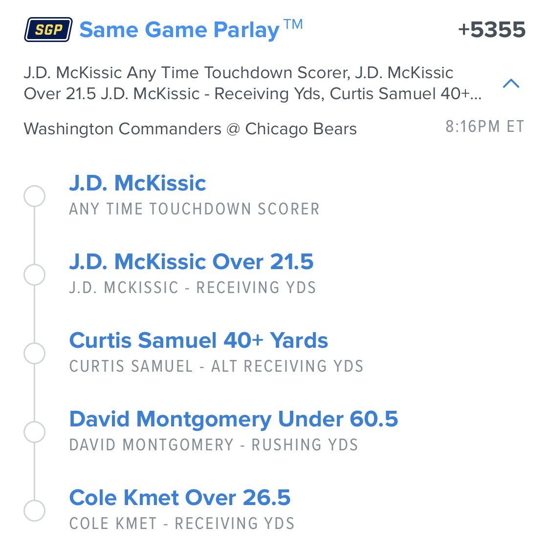 SLIPCHECK's tweet image. 🎟️ Free TNF #SameGameParlay

- McKissic Anytime TD
- McKissic Over 21.5 recYDS
- Samuel 40+ recYDS
- Montgomery Under 60.5 ruYDS
- Kmet Over 26.5 recYDS

TOTAL ODDS: +5355

Best of luck if you’re tailing!🤞

#GamblingTwitter #TNF
