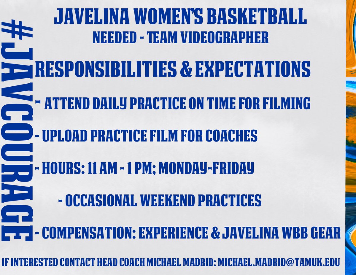 Team Videographer Position Available!

Contact Coach Madrid if interested:

Michael.madrid@tamuk.edu

Go Blue 🔵
Be Gold 🟡