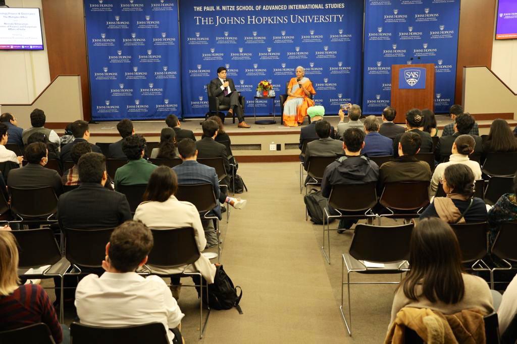Union Finance Minister Smt. @nsitharaman addresses scholars of @SAISHopkins on India’s unique Digital Public Goods #DPG story & multiplier effects created through the interlinkages of ‘Technology, Finance and Governance’. The session was moderated by Mr @krishna_pravin.