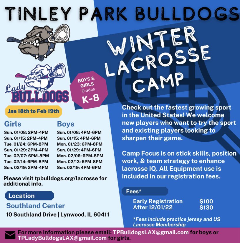Register now for our winter Lacrosse camp. All new and experienced players welcome! Come get ready for your spring season, all equipment included - tpbulldogs.8to18.com/dashboard/cata…
