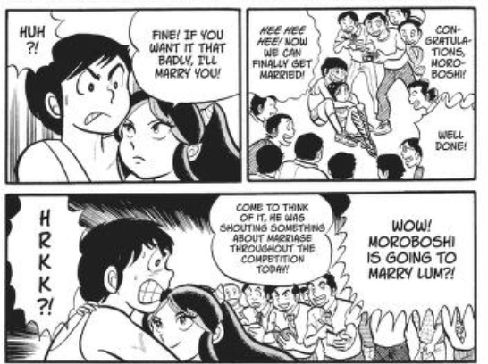 one thing i didnt like was how the end of the race was more like the 80s anime than the manga. in the manga its clear that lum's accepting the proposal to fuck with ataru and she looks much more sinister.  but the reboot made it seem like she instantly fell in love
2/3 