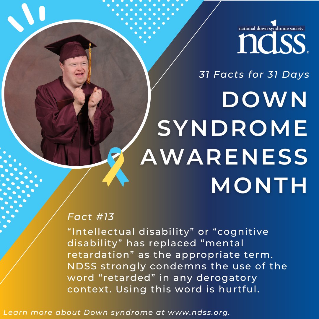 NDSS's tweet photo. Today is Day 13 of #DownSyndromeAwarenessMonth! Today's fact in our 31 Facts for 31 Days series is an important one! #LanguageMatters #EraseTheRWord👇 https://t.co/Uo0m4NEZuG
