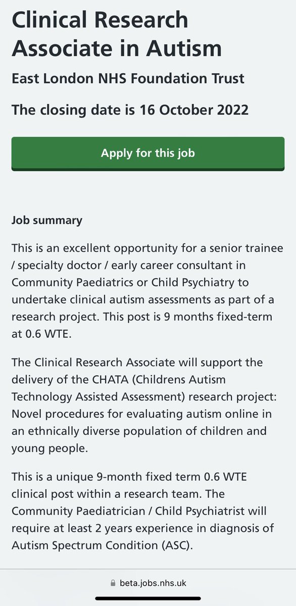 We <a href="/scyps/">Specialist Children & Young People’s Services ELFT</a> <a href="/NHS_ELFT/">East London NHS Foundation Trust (ELFT)</a> are offering this unique, exciting clinical job opportunity for doctors in Community Paeds or Child Psych to be part of an innovative autism research project in Newham - consider applying! (you can DM) beta.jobs.nhs.uk/candidate/joba…
