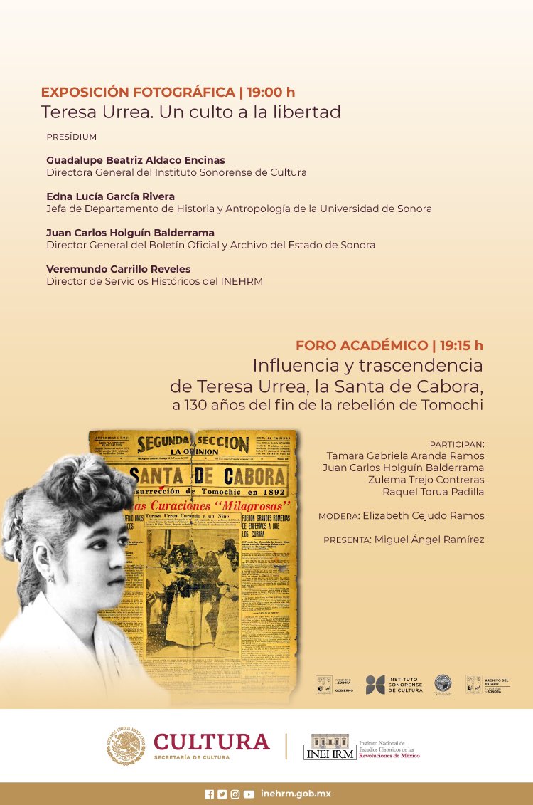 El 20 de octubre estaremos platicando sobre Teresa Urrea, la Santa de Cabora, en el palacio de Gobierno a las 19h. :)