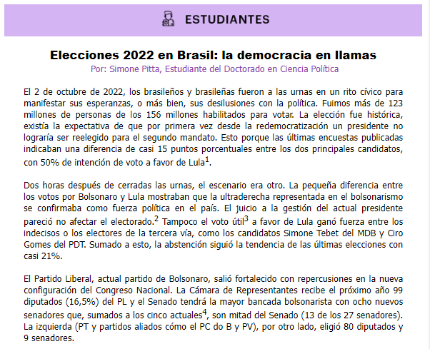 CPolUniandes's tweet photo. #NotaEstudiantil 🧐
#SimonePitta, estudiante del Doctorado en Ciencia Política escribió la columna titulada: Elecciones 2022 en Brasil🇧🇷: la democracia en llamas.
Léela aquí:➡️ https://t.co/4hnSaXuC6I https://t.co/CQ9thAFdsg
