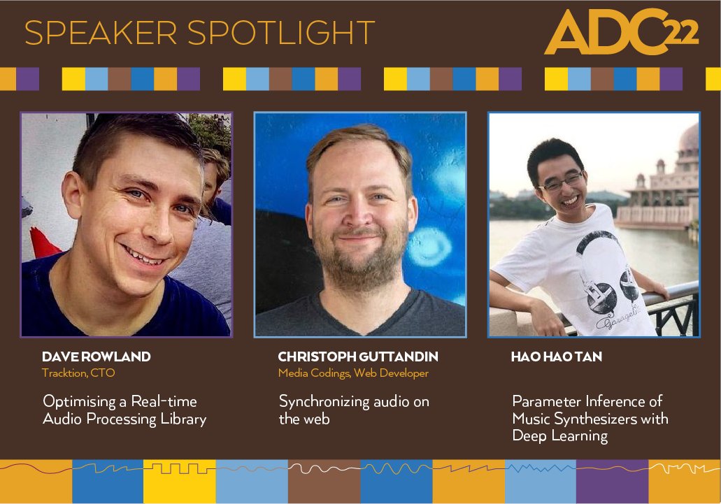 #ADC22 Speaker Spotlight: Hear from <a href="/drowaudio/">Dave Rowland</a> <a href="/djgutti/">Christoph Guttandin</a> and <a href="/GoodGood014/">Hao Hao Tan</a> 

The #Audio #Developer #Conference will take place in London + Online November 14 - 16! Join us 🤗

Tickets 🎟️ audio.dev 

#dsp #proaudio #gameaudio #synthesizers #deeplearning #juce