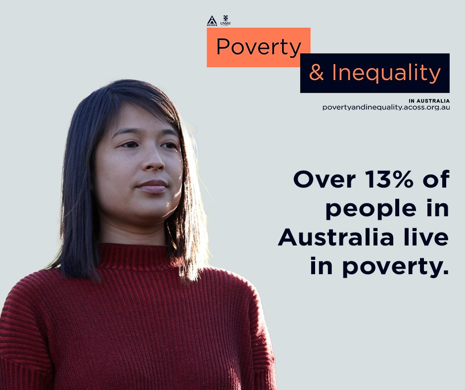 The latest report from the ACOSS/UNSW Sydney Poverty and Inequality Partnership released on the eve of Anti-Poverty Week shows that 1 in 8 people in Australia, over 3.3 million people, live in poverty. bit.ly/PovertySnapshot

#PovertyinAustralia #APW2022 #RaisetheRateforgood