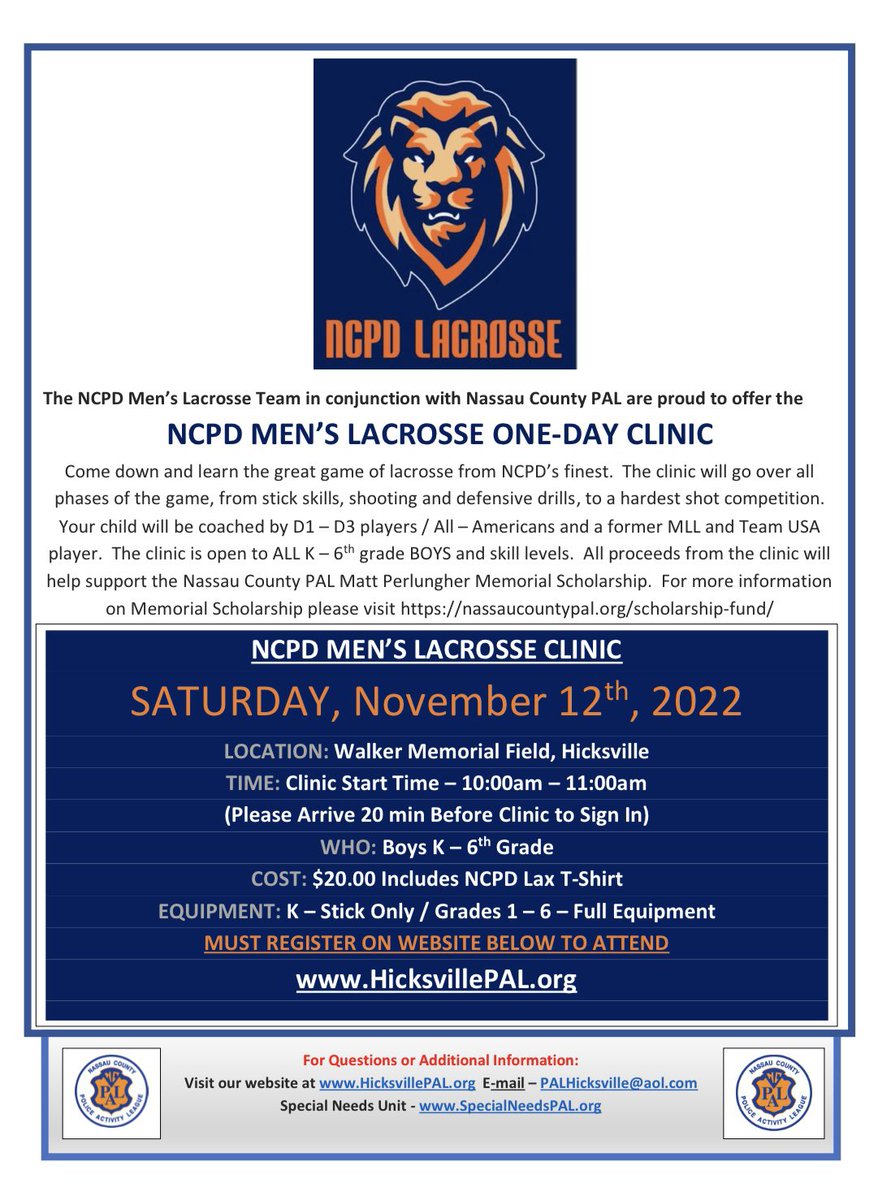 NassauCountyPAL's tweet photo. @NCPD LAX Clinic.

MUST REGISTER ON WEBSITE BELOW TO ATTEND
https://t.co/KiN1HsManQ https://t.co/HLoXQbC3qX