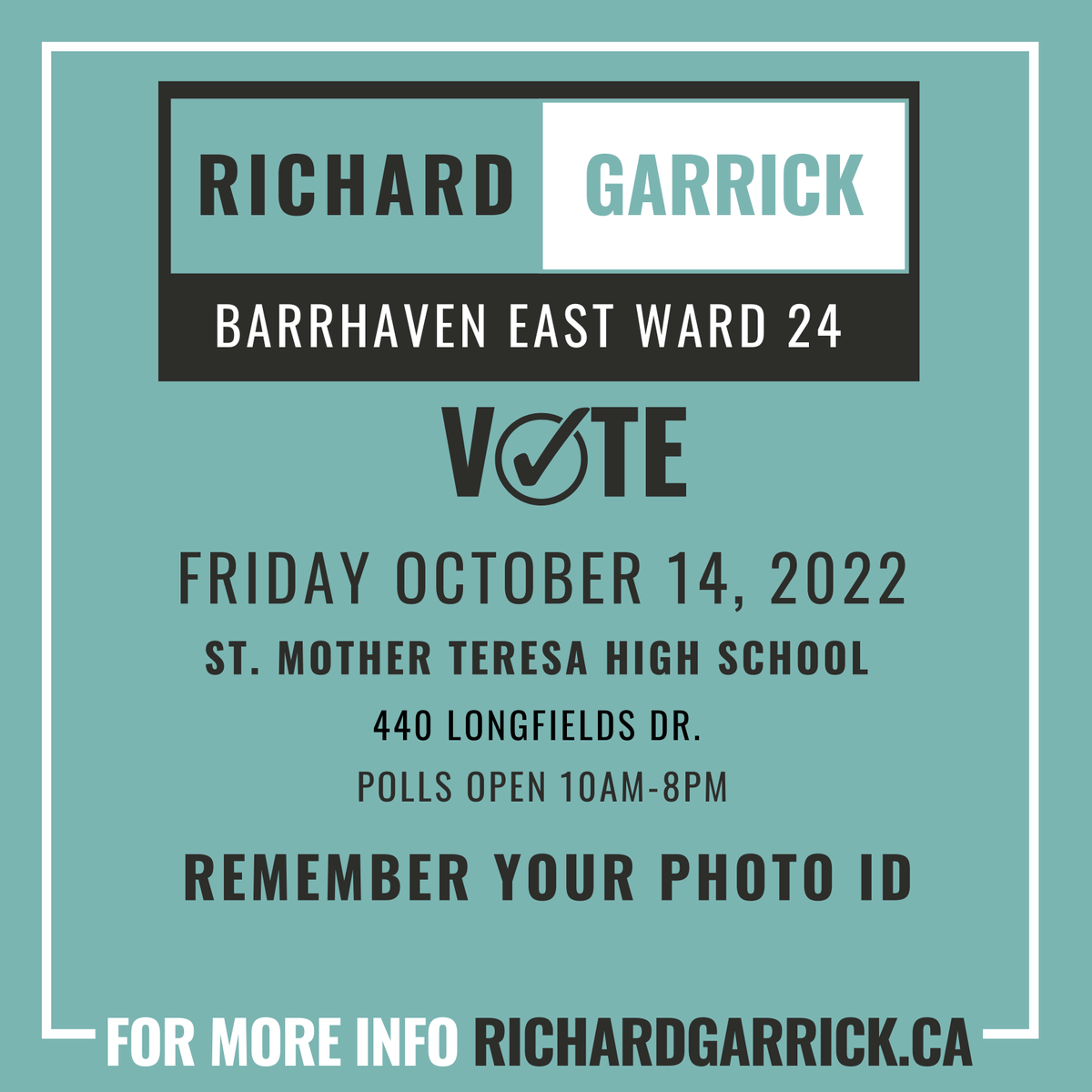 🚨EARLY VOTING DAY ALERT🚨 
Today is an opportunity for you to vote early for the municipal election. In Ward 24- #Barrhaven East polls are open from 10-8 @ St. Mother Teresa High School, 440 Longfields DR (near the Longfields Transit Station)🗳 goo.gl/maps/vEfbjNkDb… #ottvote