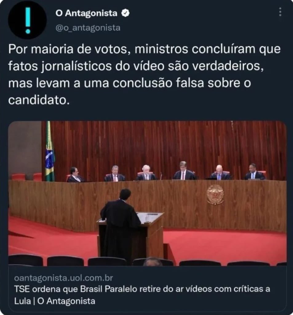 Tipo, os fatos são verdadeiros. Mas e daí? Tira do ar mesmo assim. Se Lula for eleito isso só vai piorar. Peça votos para Bolsonaro, um a um, o Brasil não merece isso.