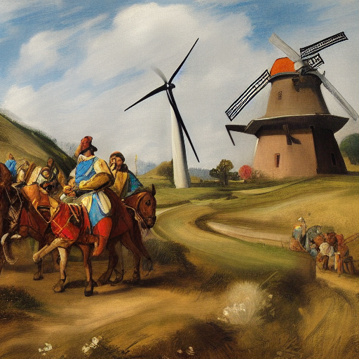 abrokenplanet's tweet photo. Don Quixote meets the #ClimateCrisis: a knight-errand fights giants while these provide us unlimited #RenewableEnergy. #032 of my climate #StableDiffusion series. #franshals inspired paintings. Road to #COP27👉https://t.co/7Bps392d3O

 #ClimateActionNow #ClimateEmergency #AIart https://t.co/36uitVIW8A