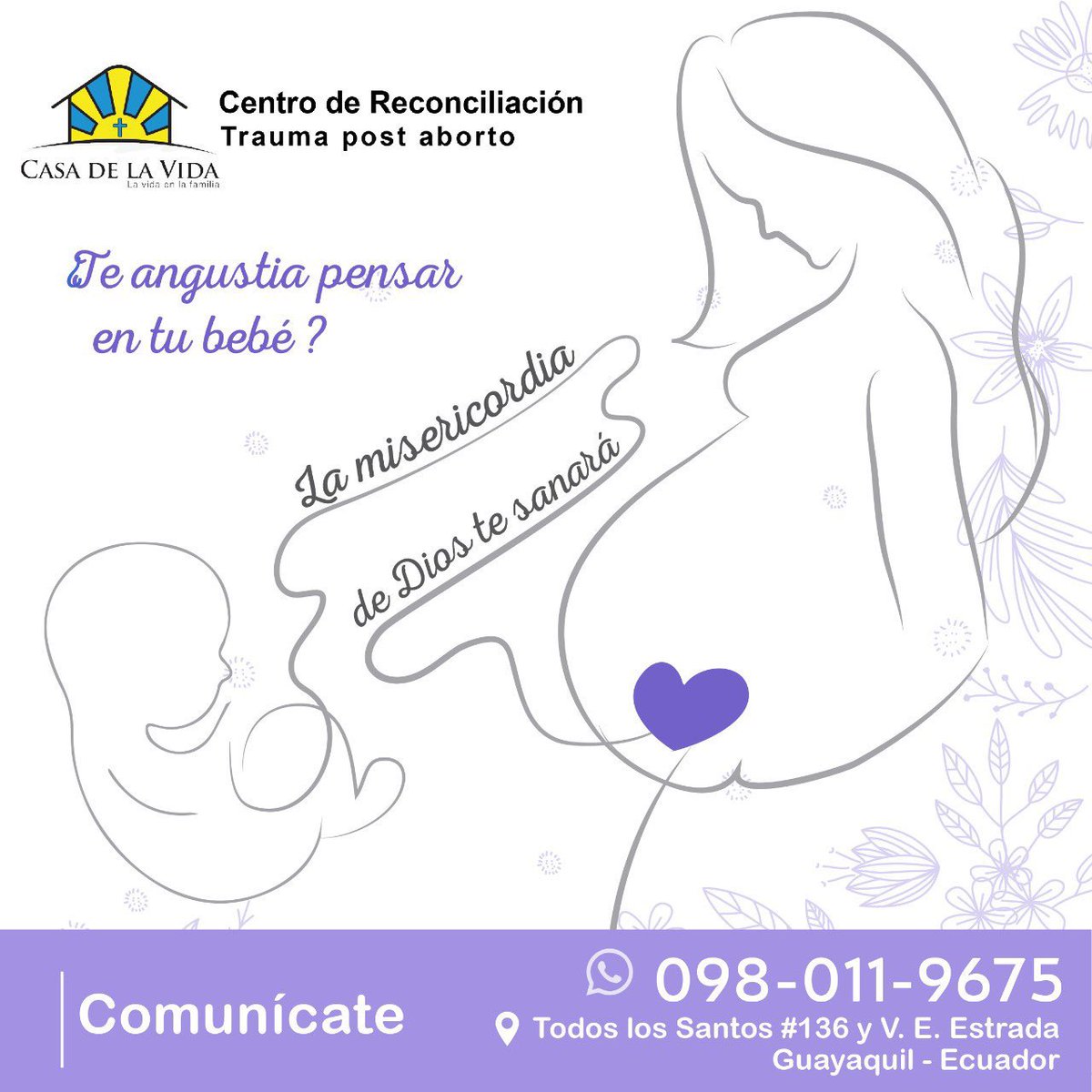 CASA DE LA VIDA 💙
Centro de reconciliación, #SíndromePostAborto #Comunícate

☎️ 098-011-9675
📍Urdesa: Todos los Santos #136 y V. E. Estrada. 

♥️ La misericordia de Dios te sanará.