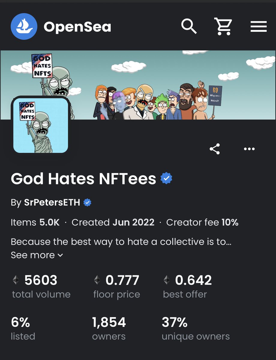 .<a href="/GodHatesNFTees/">God Hates NFTs 🐇</a> NFT skyrocketing. 🚀📈

Up over 90% to 0.777 ETH.