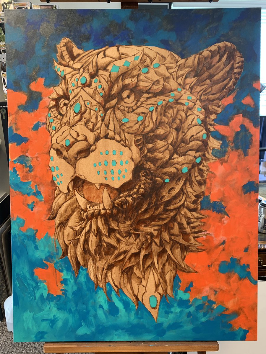 Made some progress…kind of. Still have no idea what main color the jaguar should be. I’m siding with yellow, but that feels predictable and boring. What color would go well with the current background colors? 🤷🏻‍♂️🤦🏻‍♂️