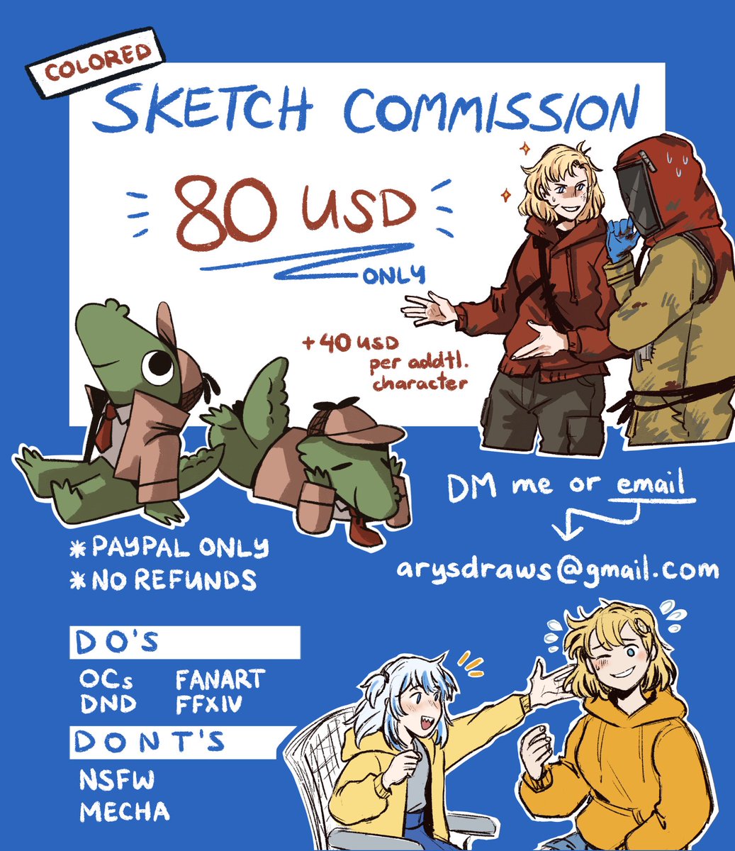 in need of emergency funds right now, so i'm opening full body colored sketch commissions 🧍

rts appreciated 🙇 