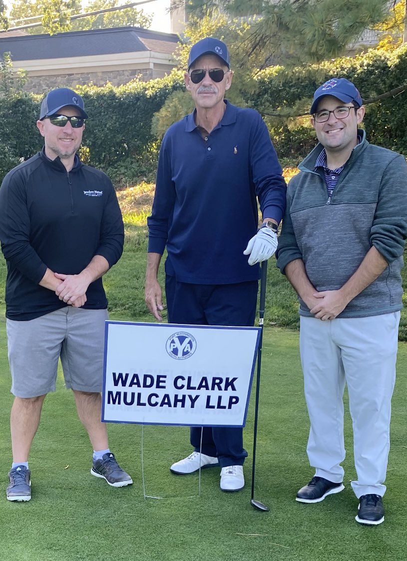bgibbons35's tweet photo. Thanks to Steve Goldstein  - shown here “smiling” between Corey Morgenstern and me - for joining @WadeClarkLaw at the @pya_sports annual golf event, the Marty Rybecky Classic. #wcmlaw https://t.co/QbO3T4RMSD