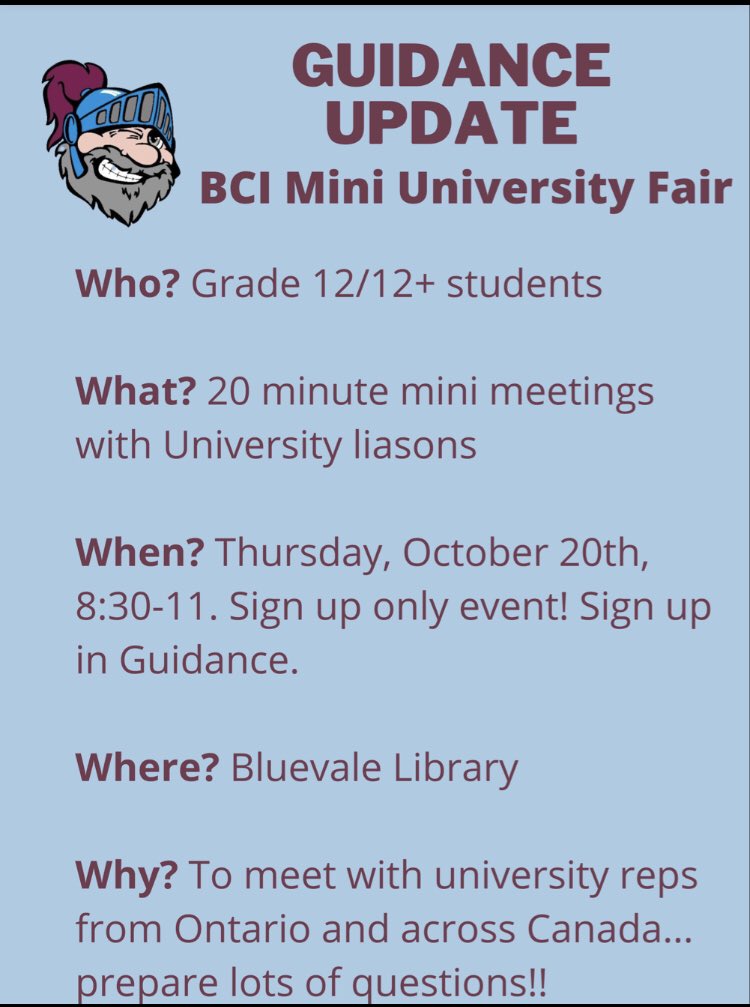 So excited to welcome our Mini University Fair back to BCI! Grade 12/12+ students this one is for you! Info posted below. For our younger students and/or for caregivers, a reminder that the Ontario University Fair is coming to Bingemans OCt 25
