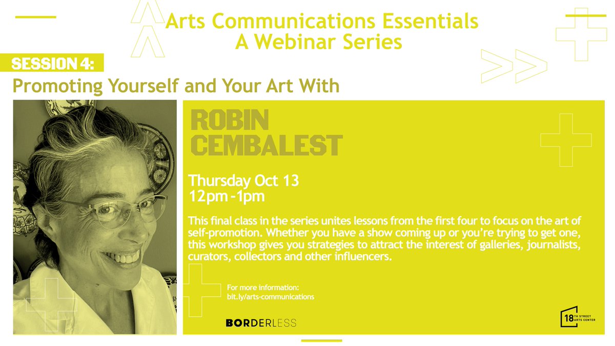 This Thursday, join us for the FINAL Creative Roundtable with Robin Cembalest! This workshop on promoting yourself and your art helps you attract galleries, journalists, curators, collectors, and other influencers. 

Learn more here:  buff.ly/3MwgEEj