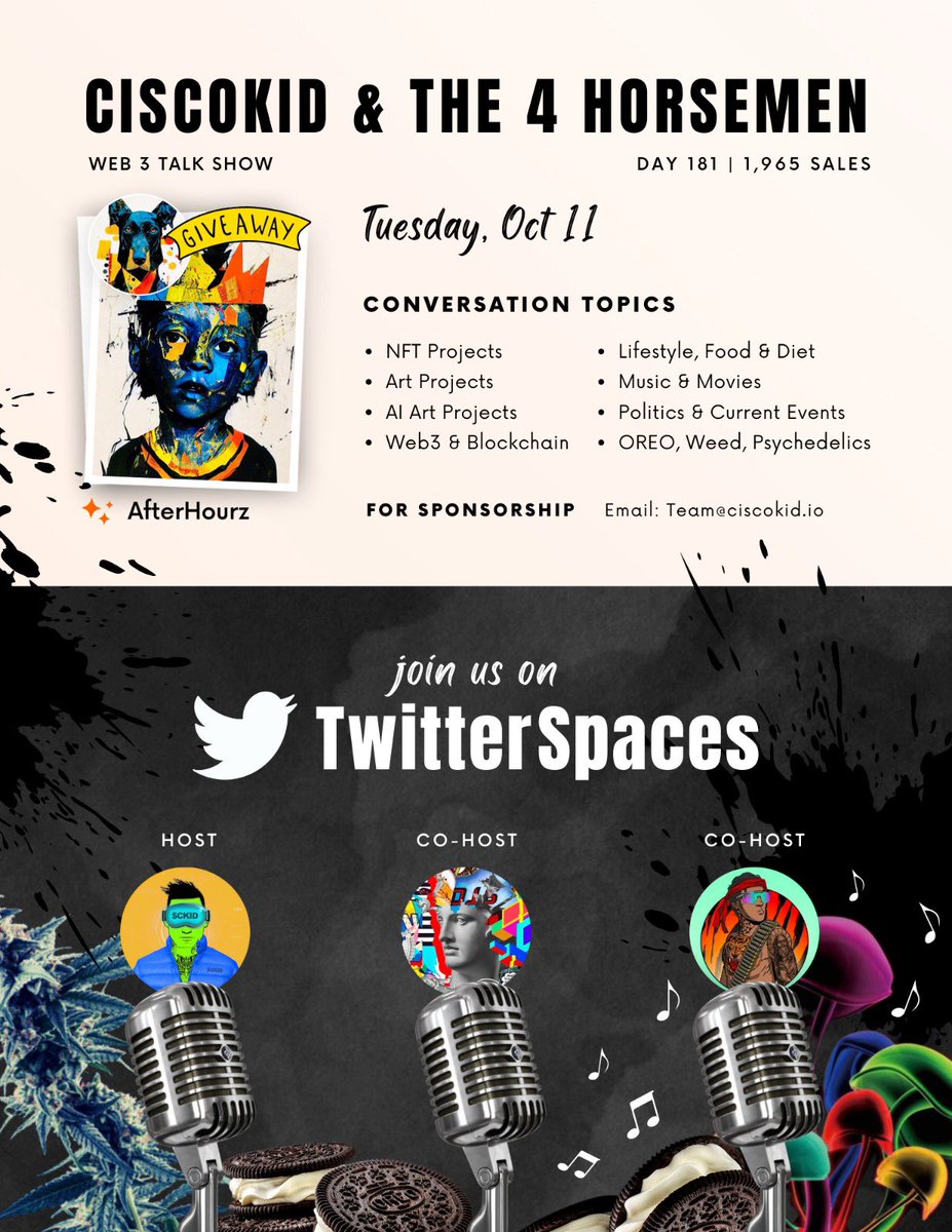 🔱 Lets grow in a bear 🐻 market . Lets Share ur 🫶 #NFTs &amp; #ART Projects | 1️⃣8️⃣1️⃣Straight Days |1️⃣,9️⃣6️⃣5️⃣+Sales🔥

🌎 Web3 NFT Talk Show  
🎙<a href="/sporkfineart/">Dominic LaRiccia</a> 
🎙@ciscokidcoin 

🎯Featured Projects
<a href="/MadeAfterHourz/">After Hourz</a> 

🏝️<a href="/tattoobumnft/">Tattoo Bums and Betties</a> ✈️ 

⏳Set a reminder 👇 
x.com/i/spaces/1ZkKz…