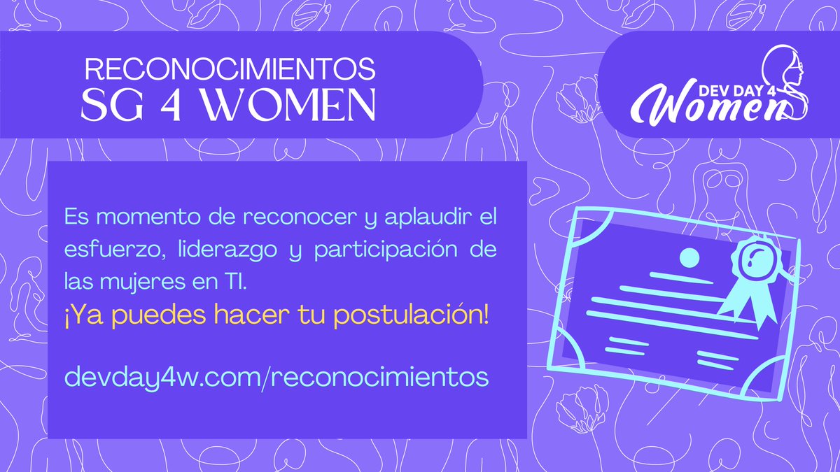 Code4DEI's tweet photo. Tienes hasta mañana para nominar a esas grandes mujeres en TI👩💜. ¡Nomínala ya! https://t.co/IxFzT05iCT

 #DevDay4w @RevistaSG @pyladiescbba @mujeresituy  @Web3Latinas_ @GirlsinAIBo @Mentoralia_AC @herdaolatam @Technolatinas @adaindatabo @masmujeresux_mx  @awswomencol https://t.co/oZjMxYWtq6